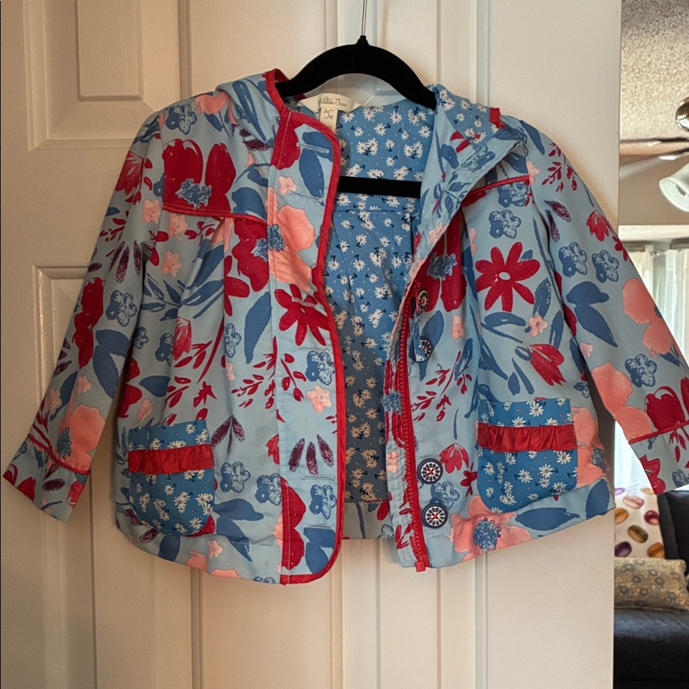 Matilda Jane Light Blue Floral Hooded Raincoat with Red Accents